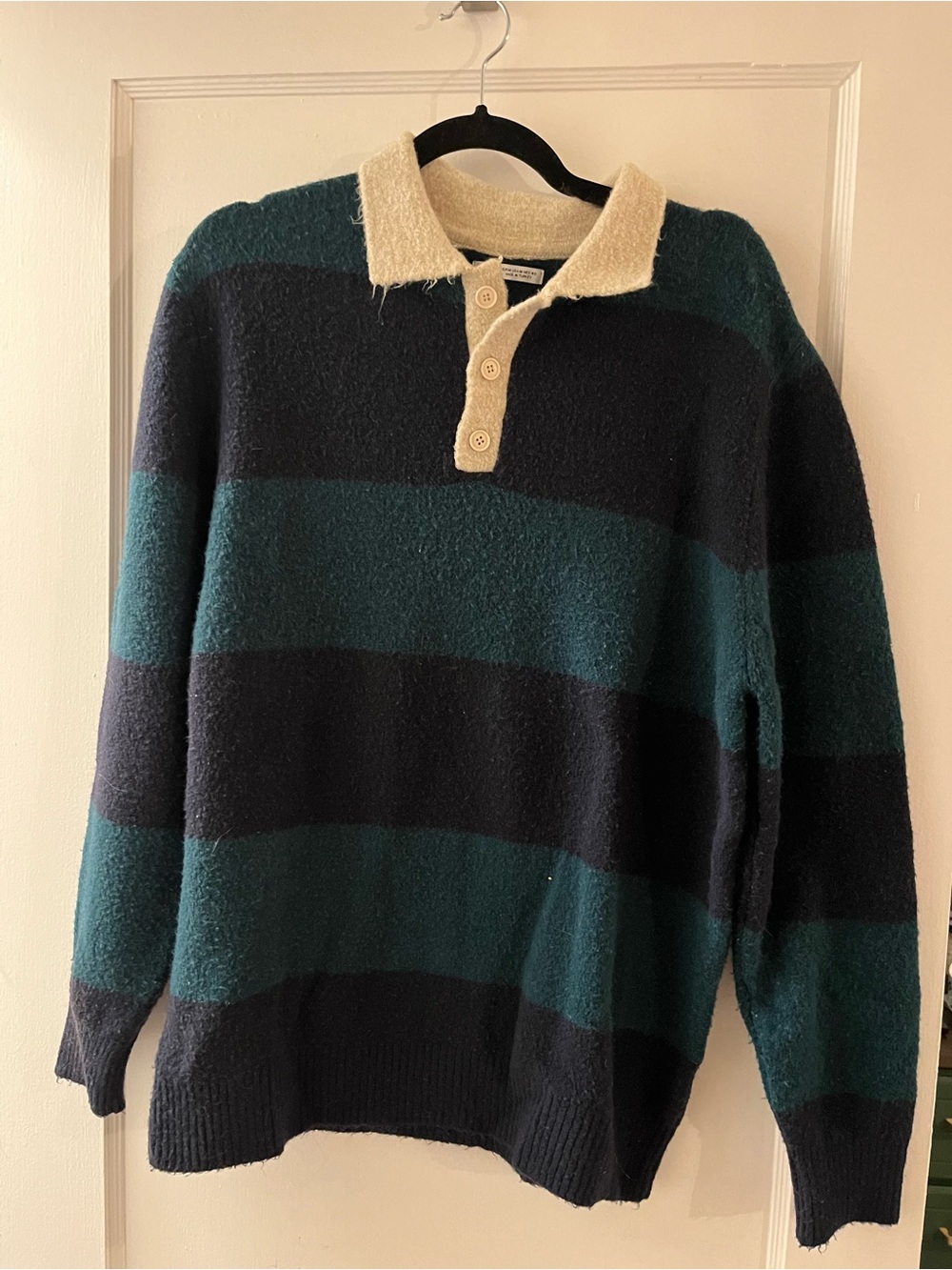 Zara Men's Striped Crewneck Sweater in Dark Green & Navy with Cream Collar
